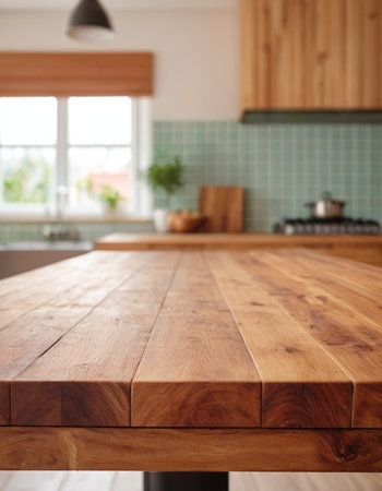 Empty wooden table for product placement or montage with blurred kitchen backgroundの素材