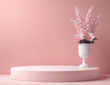3d render, pink podium for product display with flowers in vase.の素材