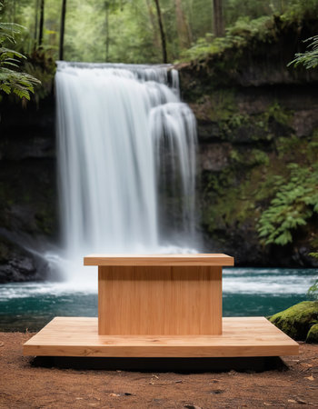 Wooden product display stand in front of waterfall in the forest.の素材