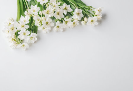 Bouquet of white flowers on a white background. Flat lay, top viewの素材