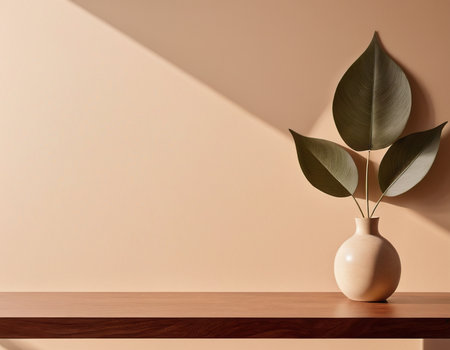 Vase with green leaves on wooden shelf. Minimalistic interior design. 3d renderの素材