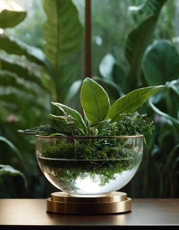 Plants in glass vase on table near window. Interior designの素材