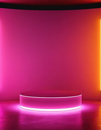 Podium illuminated with neon light in modern interior. 3d renderの素材