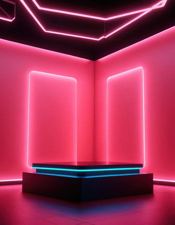 Neon podium in the interior of the room. 3d renderingの素材