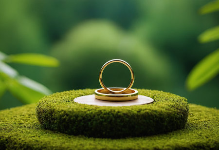 Wedding rings on a green grass background. Wedding rings.の素材