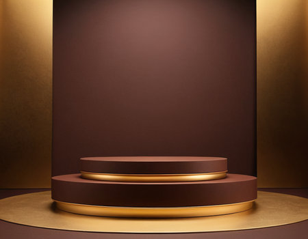 3d render of bronze podium on brown background. Scene for cosmetic product presentation.の素材