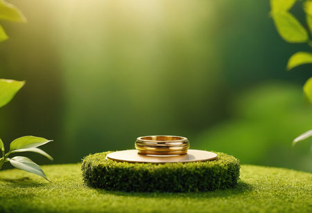 Wedding rings on green grass with bokeh background.の素材