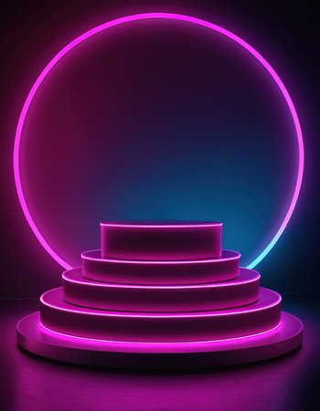 Abstract round podium illuminated with neon light. Award ceremony concept. 3D Renderingの素材
