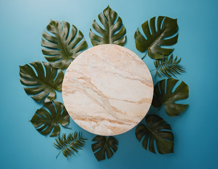 Tropical leaves and round marble podium on blue background. Flat lay, top viewの素材