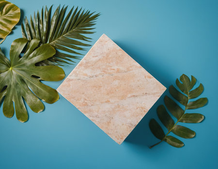 Creative layout made of tropical leaves on blue background. Flat lay, top view minimal summer concept.の素材