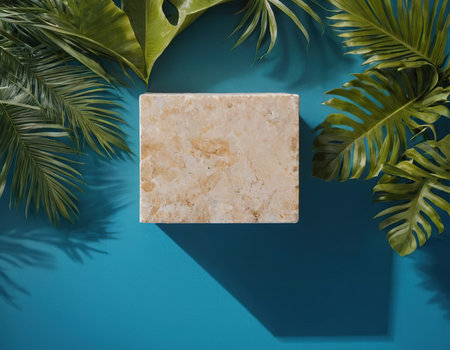 Minimal summer composition with tropical leaves and marble on blue background.の素材