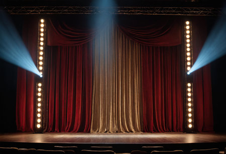 Theater stage with red curtains, spotlights and stage lighting.の素材