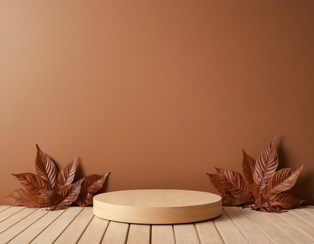 3d render of brown background with brown wooden podium and autumn leavesの素材