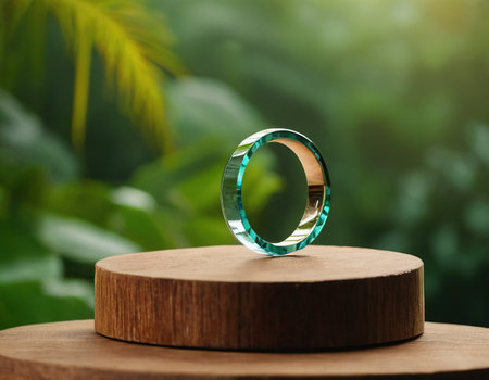 Wedding rings on wooden podium with green blurred background, closeupの素材