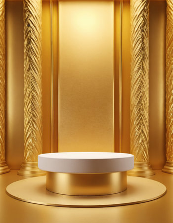 Abstract scene podium for mock up presentation in golden color. Award ceremony concept. 3d renderの素材