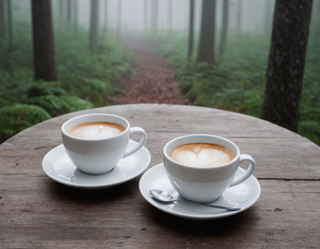 Cappuccino coffee on wooden table with foggy forest backgroundの素材
