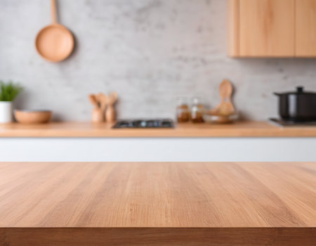 Empty wooden table and blurred kitchen interior background, product display montageの素材