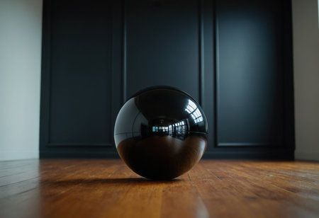 Black glass ball on the wooden floor in the living room, stock photoの素材