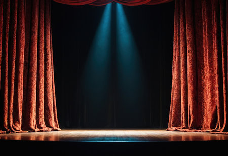 Stage with red curtains and spotlights. Theater or theater background.の素材