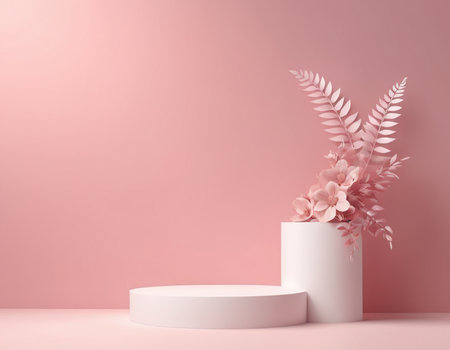 3d render, abstract minimal geometric forms, podiums, pastel pink background. Beauty, fashion, cosmetics industryの素材
