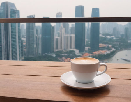 Coffee cup on wooden table with cityscape view background.の素材