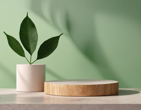 Wooden podium in green room with plant. 3D rendering.の素材