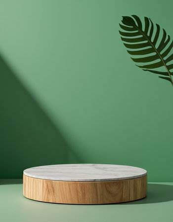 3d rendering of white marble product stand on green background with palm leavesの素材