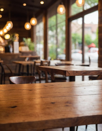 Empty wooden table and chair in coffee shop with bokeh backgroundの素材
