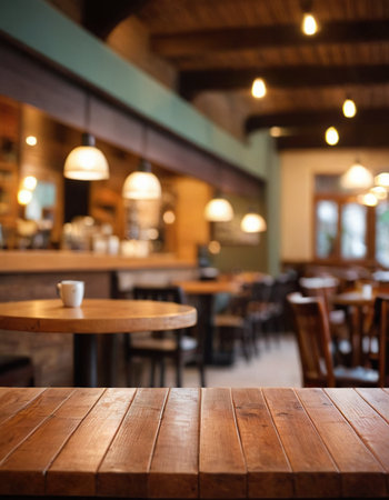 Empty wood table and Coffee shop blur background with bokeh image.の素材