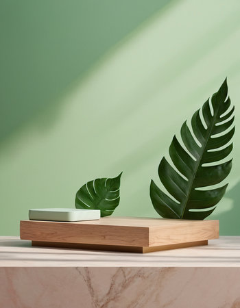 3d render of minimal product display podium with monstera leaves.の素材