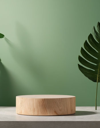Wooden podium in green room with monstera leaf. 3d renderの素材