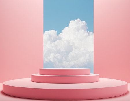 3d render of pink podium with cloud and sky background. Minimal scene.の素材