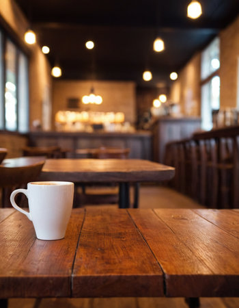 Coffee cup on wooden table in coffee shop, stock photoの素材