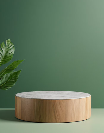 Wooden podium on green background. 3d rendering. Mock upの素材