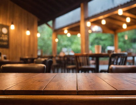 Empty wooden table and coffee shop blur background with bokeh image.の素材