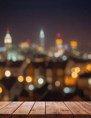 Empty wood table and blurred bokeh of cityscape at nightの素材