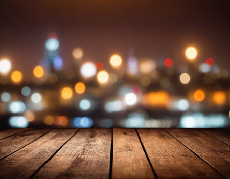 Empty wooden table and abstract bokeh lights background. For product displayの素材