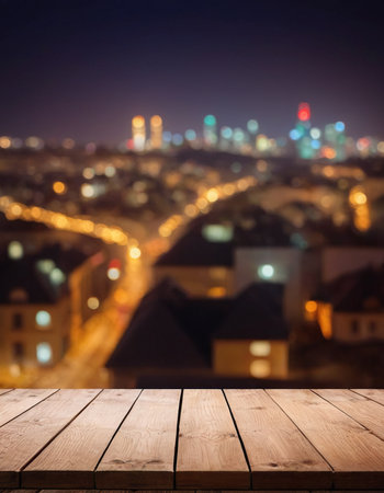 Empty wooden table and blurred cityscape at night. For product displayの素材