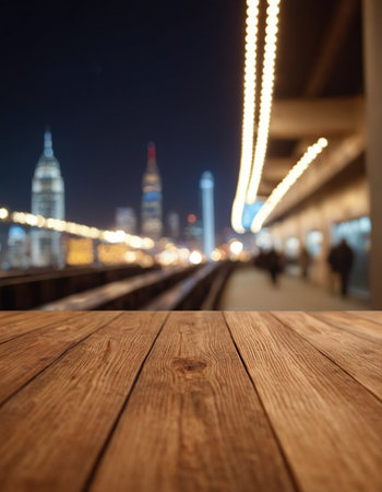 blurred image of night city and wooden table for background usage.の素材