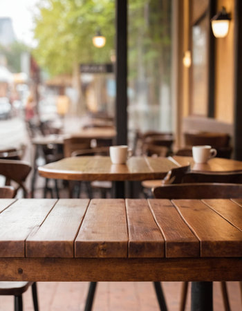 Empty wooden table and chairs in a coffee shop, shallow depth of fieldの素材
