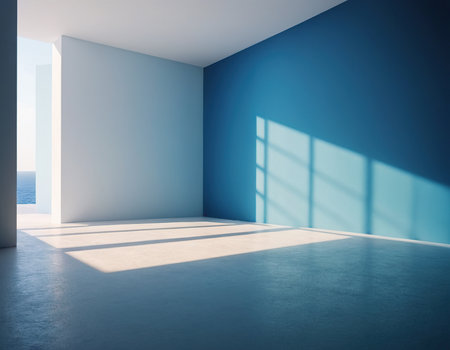 Interior of empty room with blue wall and sunlight. 3d renderの素材