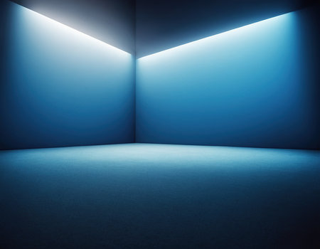 Blue empty room with spotlights and concrete floor, 3d renderの素材