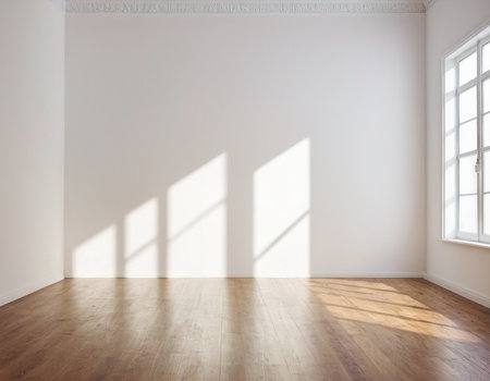 interior modern bright room with white walls, wooden floor and windowの素材