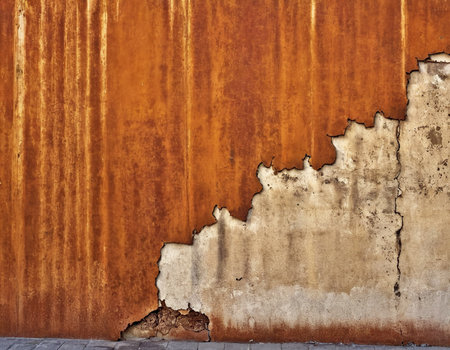 Old rusty metal wall with peeling paint. Abstract background for design.の素材