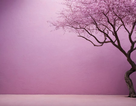 pink sakura tree on purple wall background with copy space.の素材