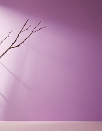 Minimalist wall mockup with branch and shadow on purple backgroundの素材