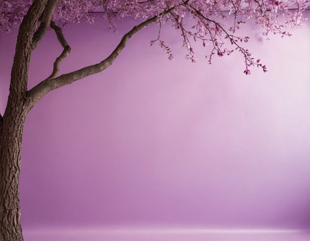 Tree with pink flowers on purple background. Spring and nature concept.の素材