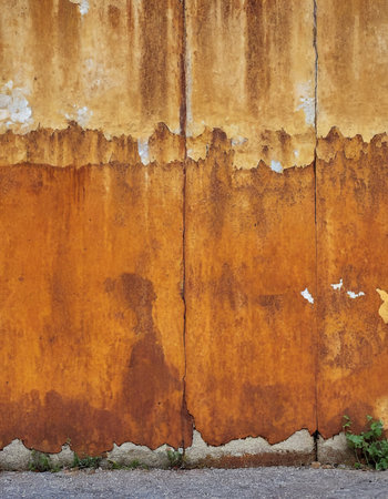 Grunge orange wall with peeling paint. Abstract background.の素材