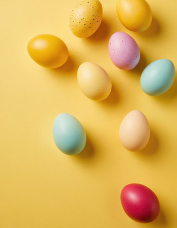 Colorful easter eggs on yellow background. Top view, flat layの素材