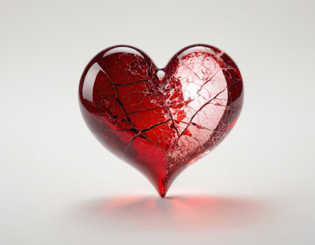 Broken red heart on white background. 3D rendering illustration.の素材